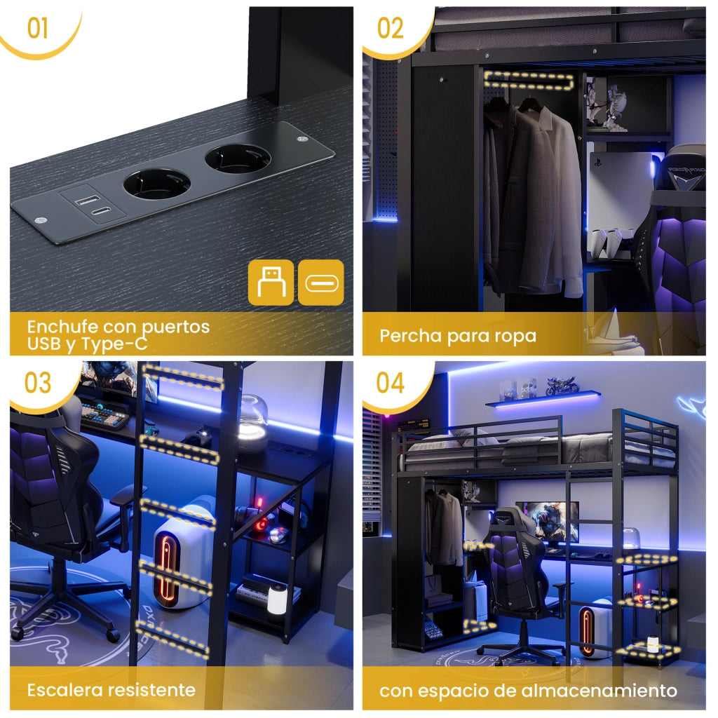 Letto a soppalco singolo 90 × 200 cm con scrivania, ripiani, armadio aperto, LED, USB et Type-C, senza materasso, nero