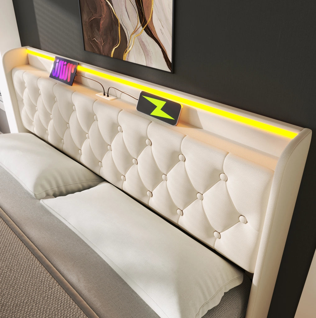 Letto matrimoniale 140x200 cm in PU bianco con LED; contenitore idraulico e porte USB/Type-C