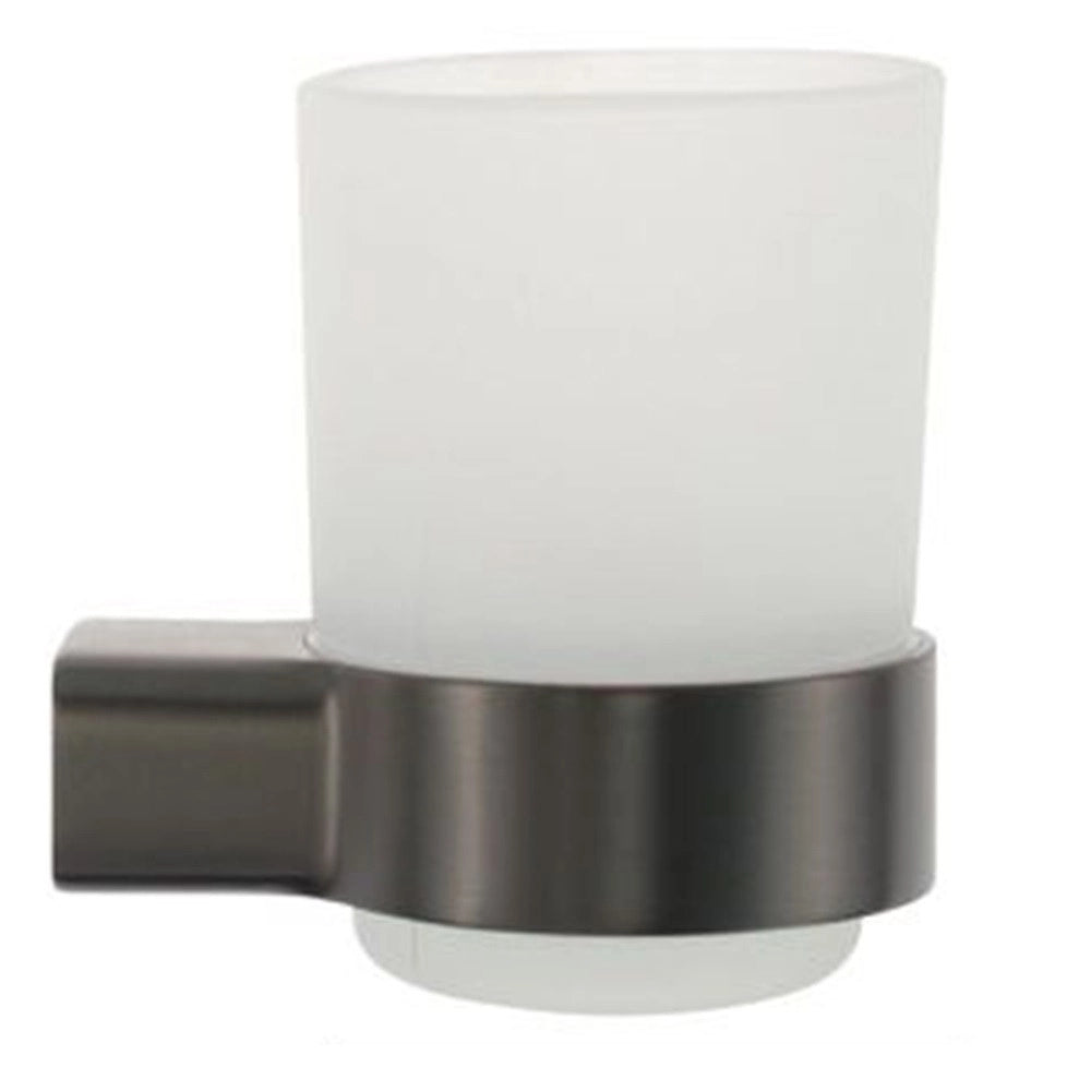 Trade Shop - Porta Spazzolini Parete Stilizzato Acciaio Grigio Con Bicchiere Vetro Satinato Bagno 87938 -