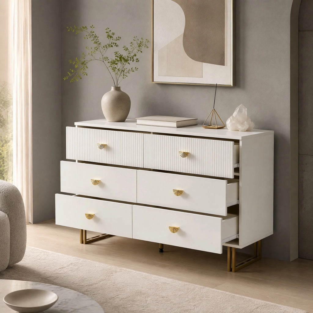 Set sideboard con specchio da parete 80x80 cm; 6 cassetti; MDF; bianco