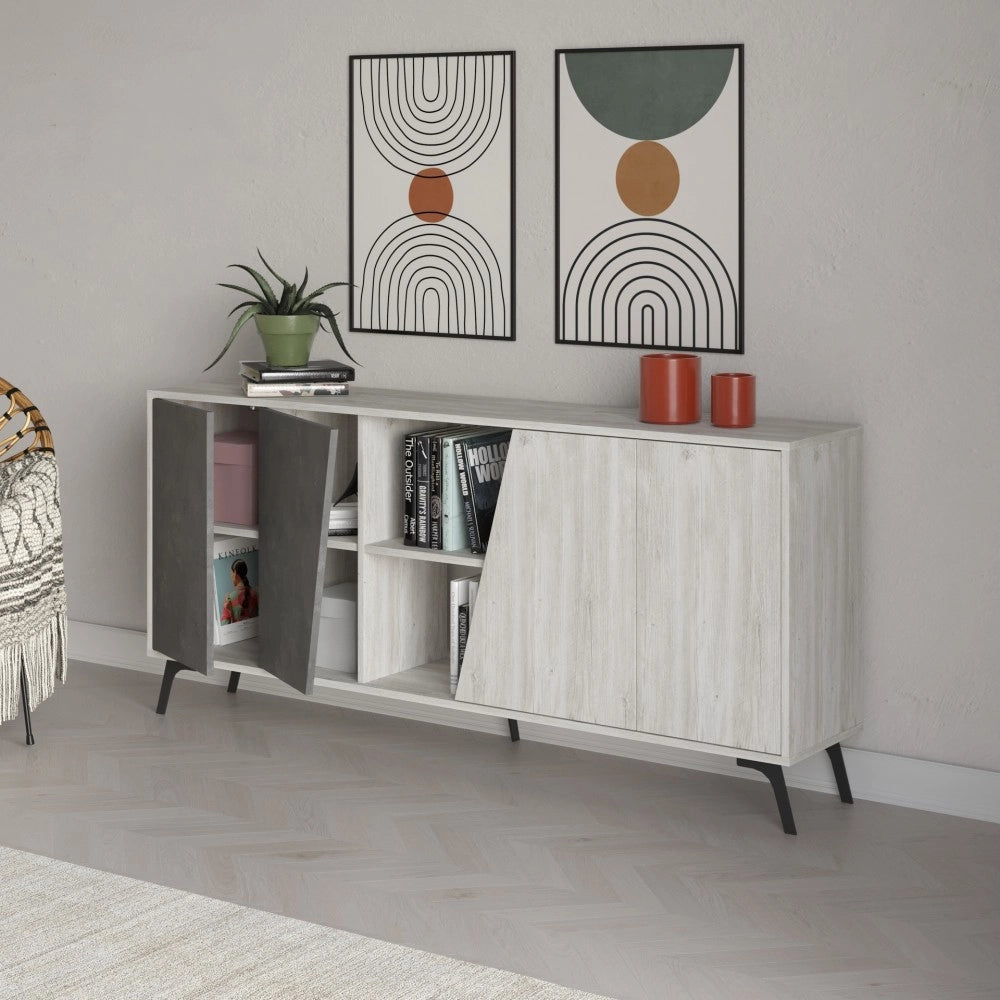 Madia 4 ante Fiona 180x35,6x82H colore bianco vintage e cemento