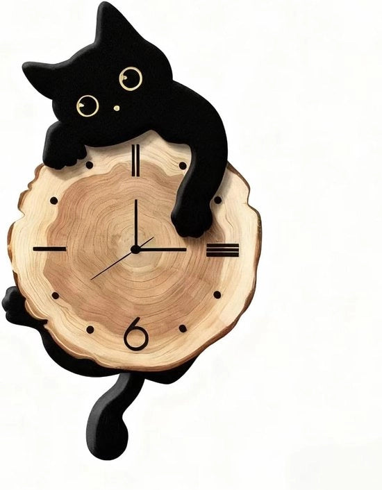 Oraario da Parete con Coda Oscillante - 30x33 cm Nero Bianco Plastica Lavorazione a Tubo - Stile Moderno per Casa Ufficio - gatto nero