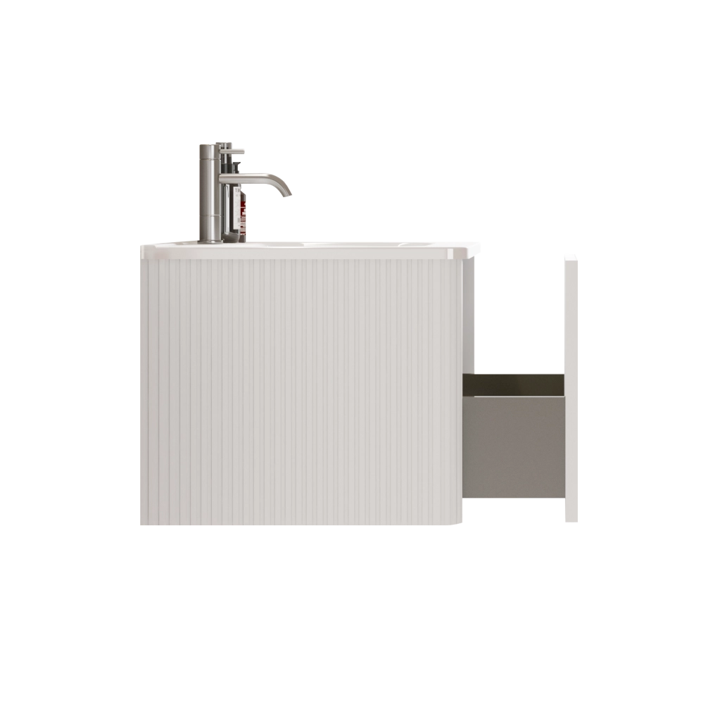 Mobile bagno sospeso ULEVR 60 cm con lavabo in solid surface, cassetto push-to-open e design scanalato bianco