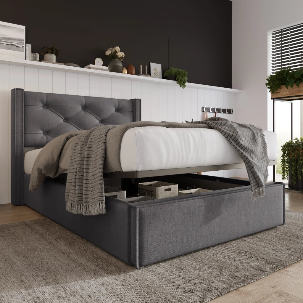 Letto singolo imbottito 90x200 cm con contenitore e testiera trapuntata