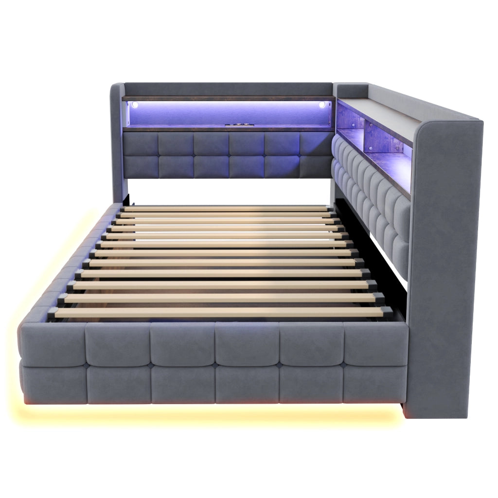 Letto imbottito multifunzionale 90x200 cm con vano contenitore, LED e prese integrate