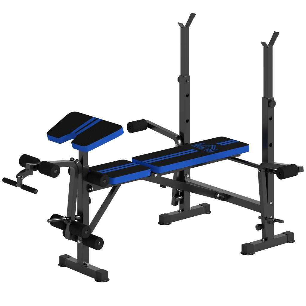 Panca Multiuso con Supporto Bilanciere e Schienale Regolabile, in Acciaio e Plastica, 175x139x127 cm, Nero e Blu