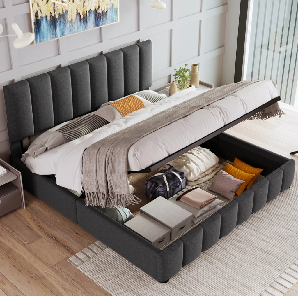 Letto matrimoniale imbottito 140x200 cm con contenitore, grigio