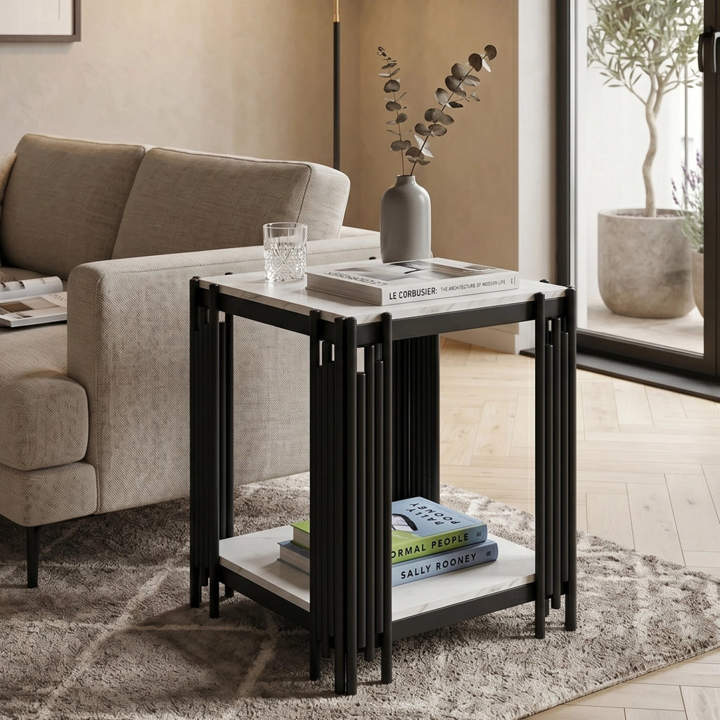 Comodino con 2 ripiani, struttura in metallo nero e piano in MDF effetto marmo, per camera da letto e soggiorno, bianco e nero, 43 × 40 × 55 cm