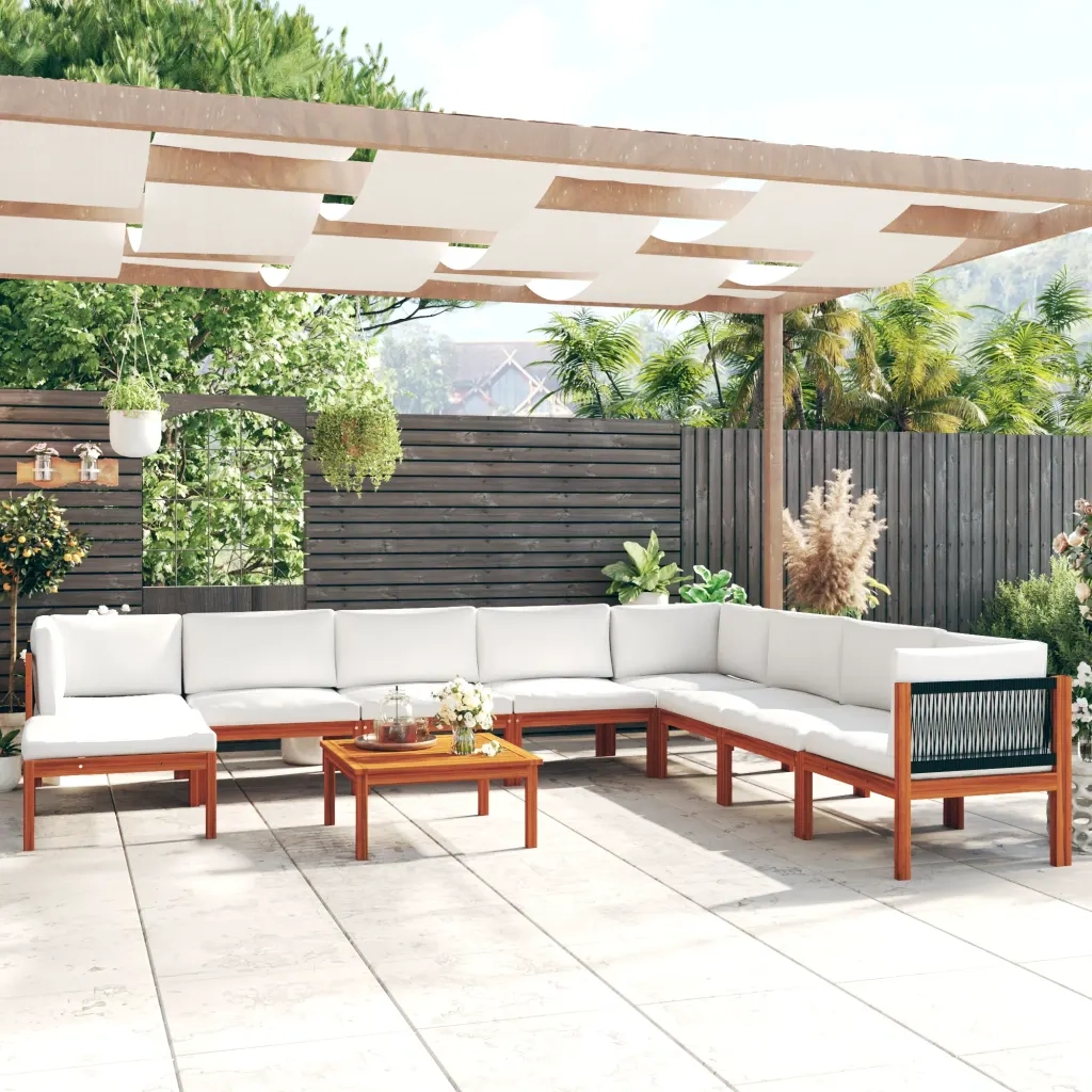 Set da giardino 9 pezzi con cuscini in legno crema, acacia e corda 3057896