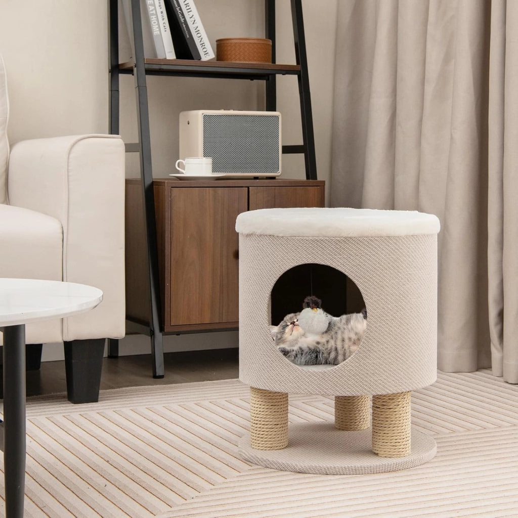 Tiragraffi per Gatti a Sgabello 47 cm, Grotta per Gatti con Palla Pompon Sospeso e 3 Tronchi Tiragraffi in Sisal, Cuccia per Gatto da Interno Piccolo Ø40, Beige
