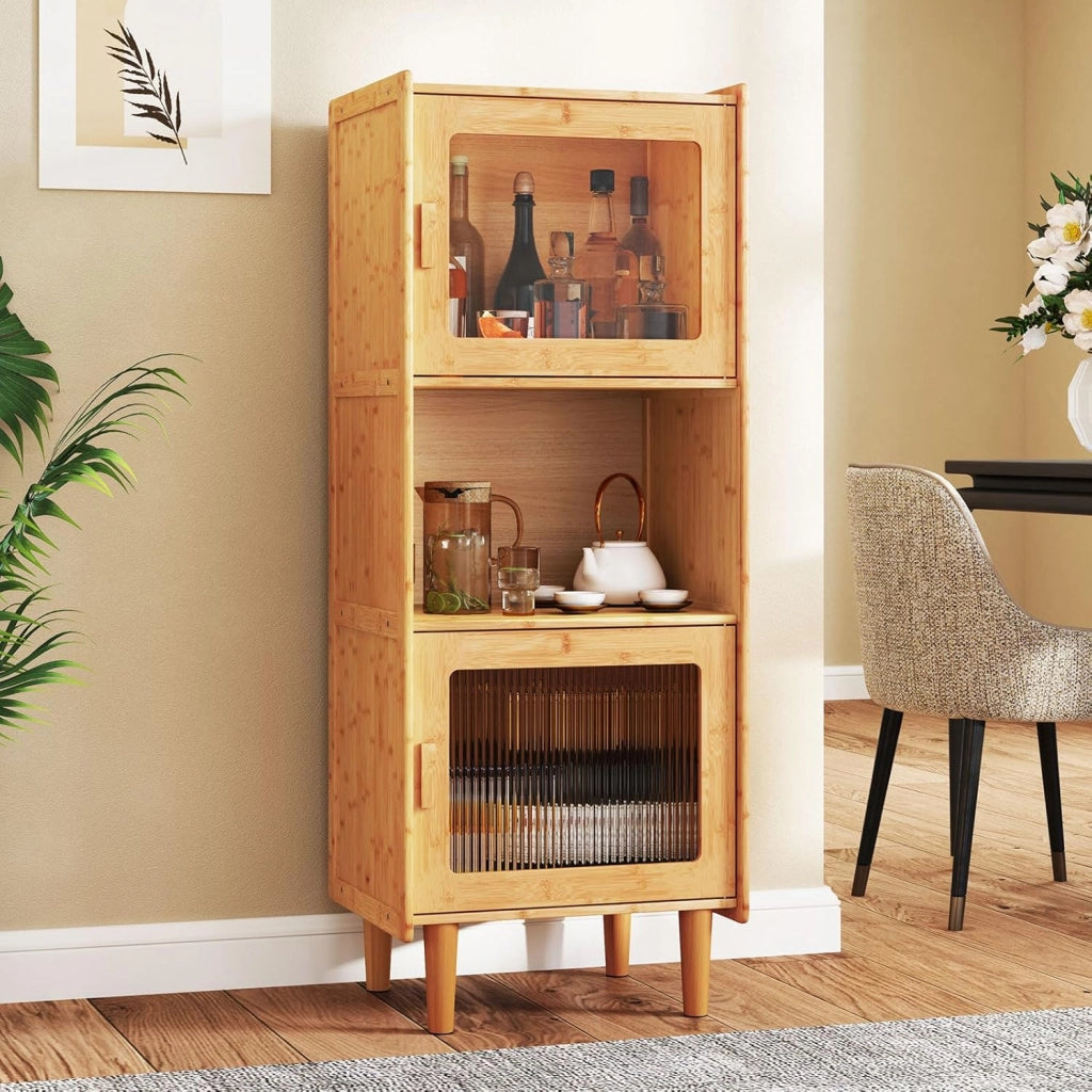 Credenza Cucina Salvaspazio in Bambù, Armadio Dispensa a 3 Cubi, Colonna Cucina con 2 Ante in Acrilico, Kit Anti-Ribaltamento per Sala da Pranzo, Studio, Soggiorno, 49,5x40x130 cm, Naturale