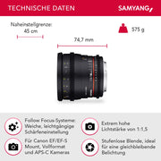 50/1.5 Obiettivo Video DSLR Canon EF a fuoco manuale 0.8 ingranaggi, obiettivo ritratto nero, 50mm