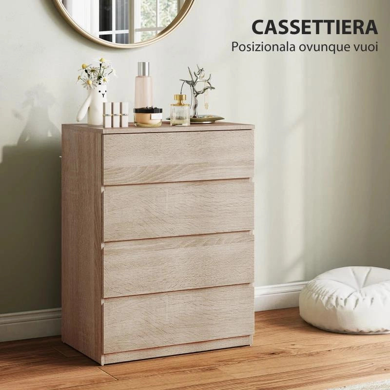 CASSETTIERA 4 CASSETTI IN LEGNO CON GUIDE IN METALLO E MANIGLIE SCANALATE, 60X40X80 CM, COLOR FAGGIO