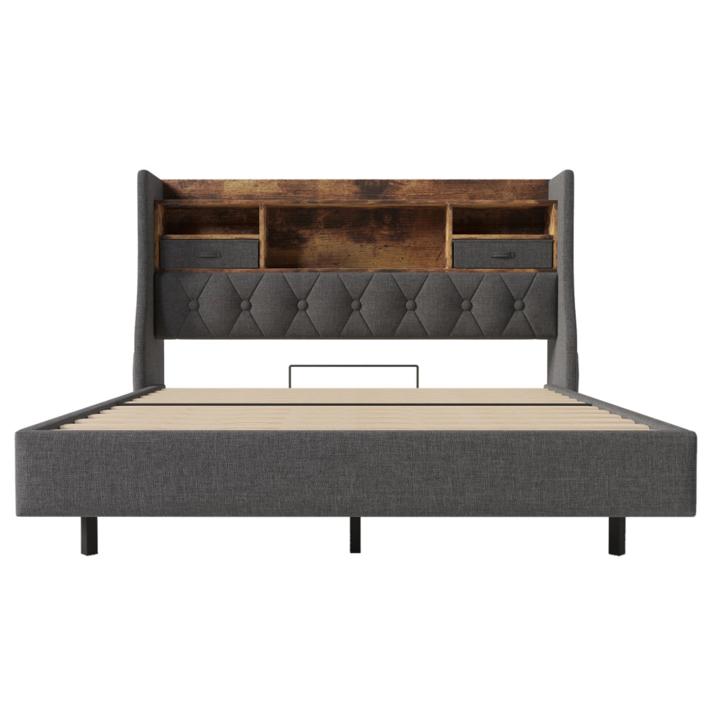 Letto matrimoniale ULEVR 140x190 cm con LED, 3 USB e Type-C, testiera contenitore in lino grigio