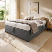 Letto matrimoniale contenitore 140x200 cm in tessuto cotone e lino grigio; con USB e Type-C