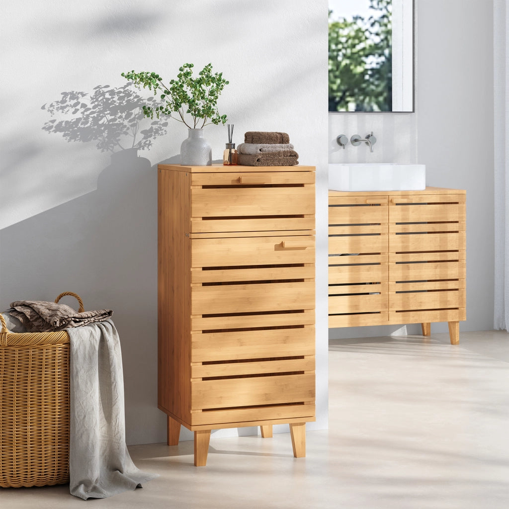 Mobiletto da Bagno Epind con Cassetto e 2 Scomparti Chiusi 75 x 33 x 30 cm - Bambù Naturale [en.casa]