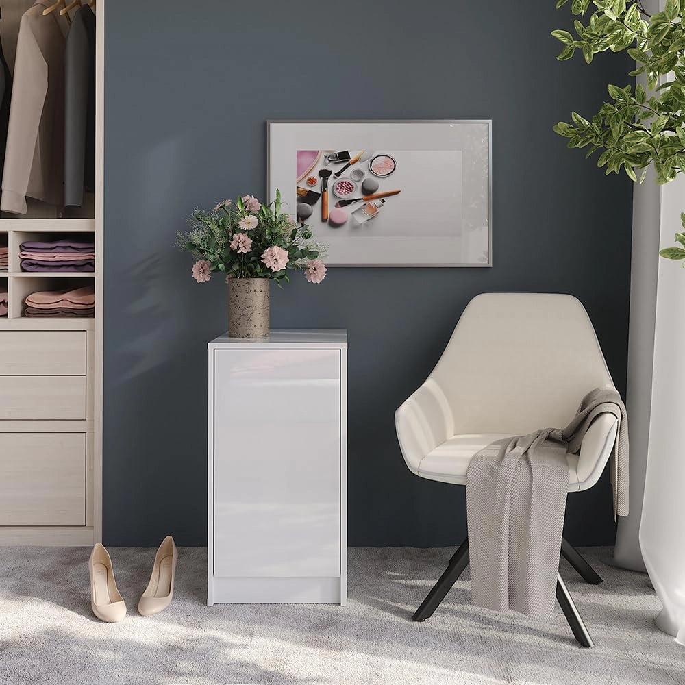 Credenza Sherry, Bianco/bianco lucido, 40.2 x 76 cm con coperchio del contenitore, adatto per la conservazione in soggiorno o in camera da letto