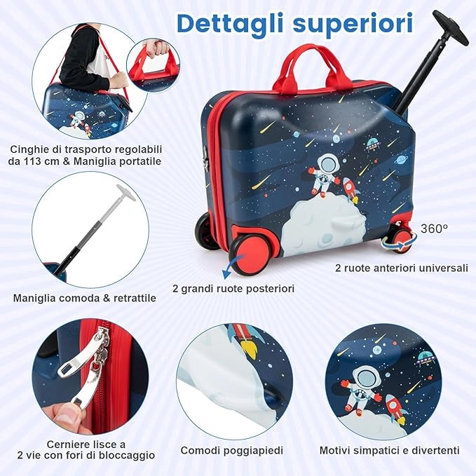 Valigia Cavalcabile per Bambini, 18" Valigia+ 12" Zaino,2 Pezzi, Trolley Bambini Bagaglio a Mano con Ruote Girevoli e Maniglia Retrattile, 2 Cingie Multiuso (Modello 4)