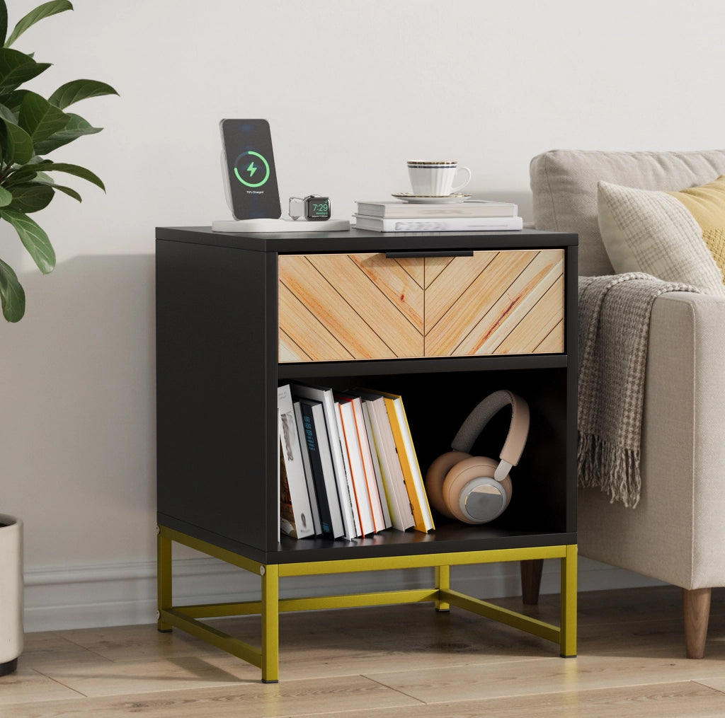 Comodino moderno in MDF con cassetto e ripiano aperto, 43x40x55 cm, colore nero
