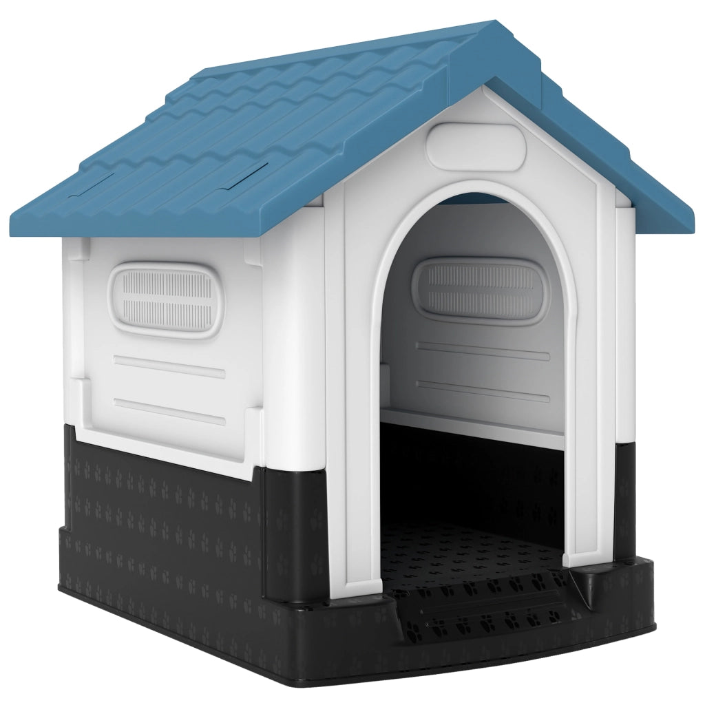 Cuccia per Cani Piccoli da Esterno in Plastica con Finestre e Base Rialzata, 64.5x57x66 cm, Blu