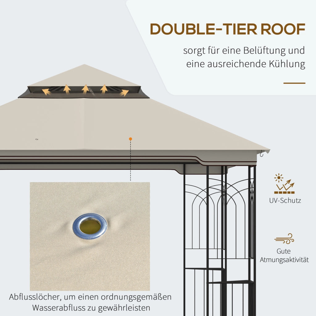 Gazebo da giardino con tenda per feste a doppio tetto 2.99 x 2.99 m con 4 pareti laterali in metallo e poliestere in beige