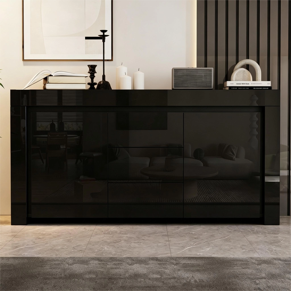 Sideboard moderno 140x40x65 cm con 2 porte; 3 cassetti e LED; nero lucido