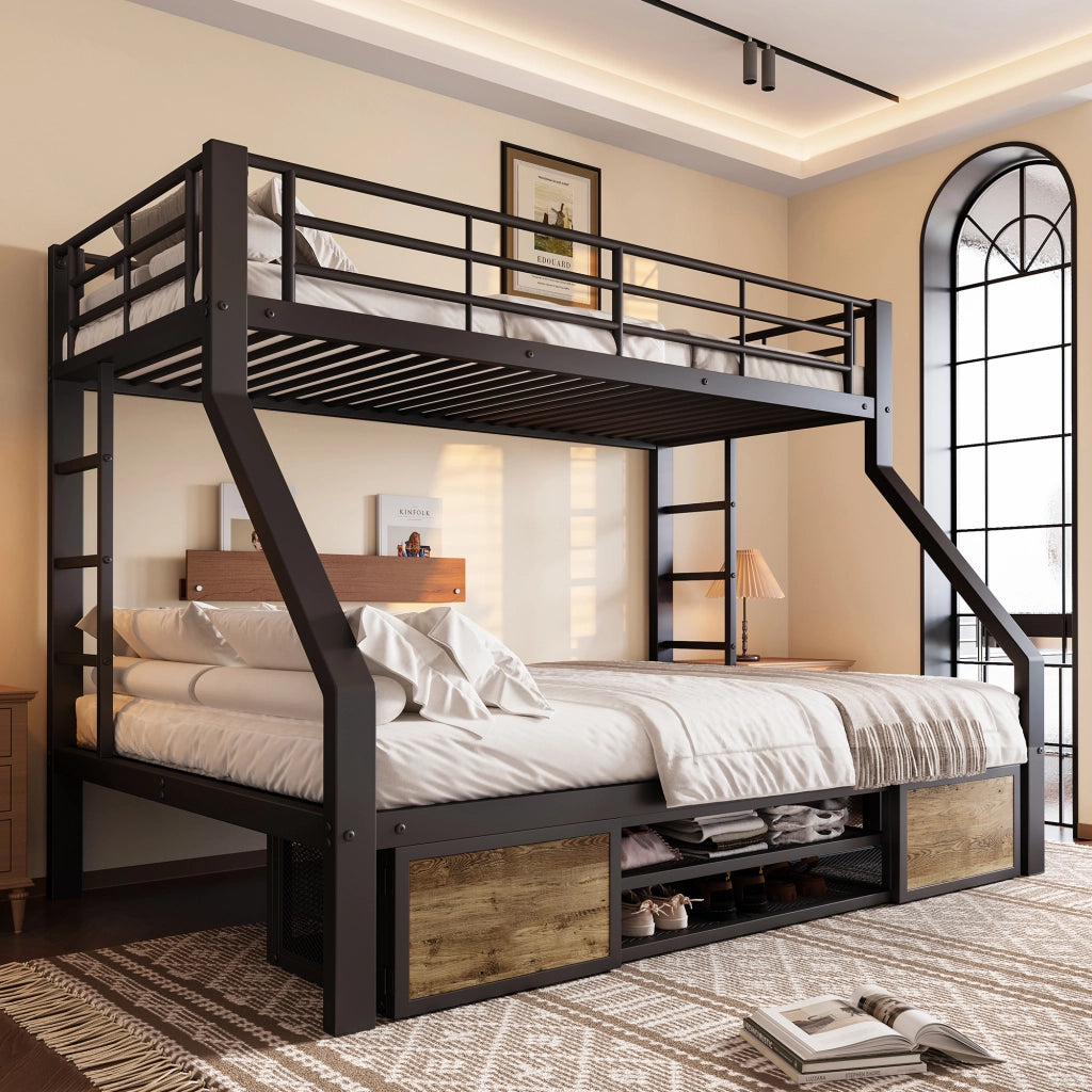DESMIU Letto a castello per bambini 90 × 200 cm e 140 × 200 cm con scarpiera, vani, senza materasso, nero