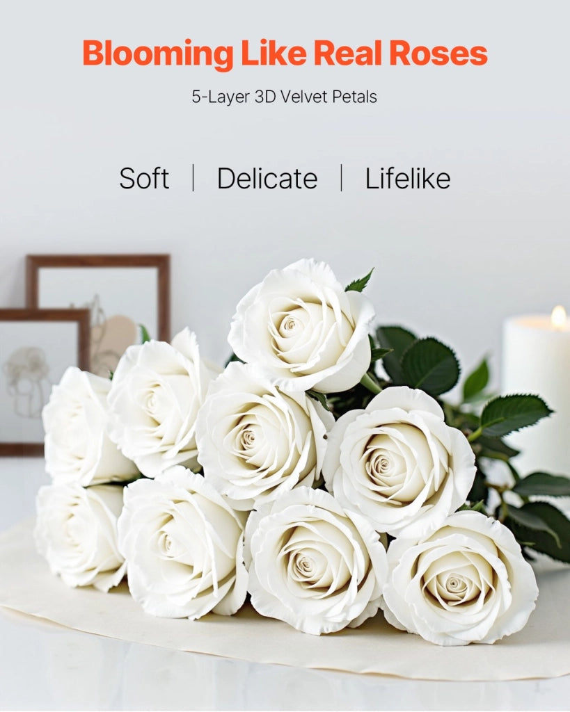60 Pezzi JNR-WHITE-060 Rose Artificiali Bianche in Velluto e PE con Steli per Fai da Te Decorazioni Casa e Nozze