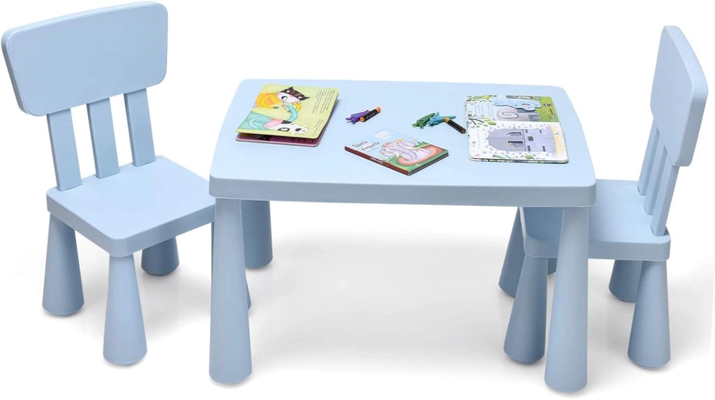 Set Tavolo e Sedie per Bambini 1-7 Anni, 2 Sedie Ergonomiche con Schienale, Materiale PP Atossico e Inodore, Angoli Arrotondati, Adatto per Giocare, Disegnare e Leggere, Portata 50kg (Blu)