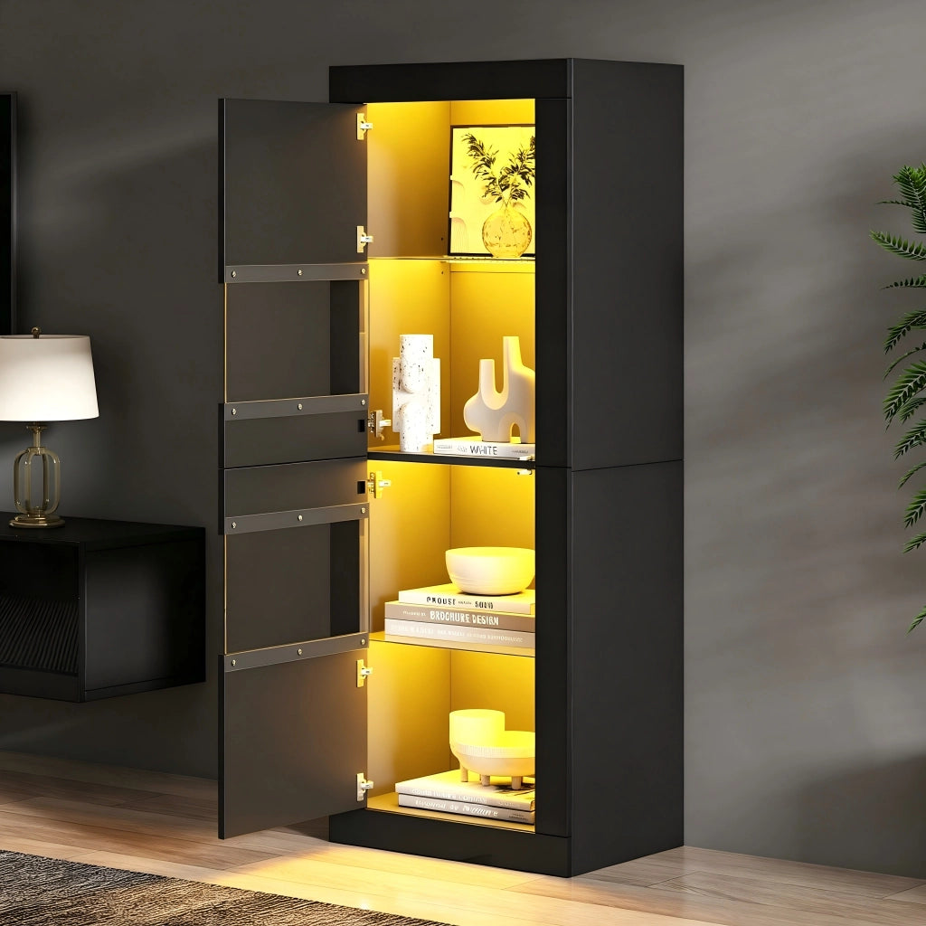 Vetrina con LED e 2 ante, 3 ripiani regolabili e 4 vani, per soggiorno e sala da pranzo, nero, 61 × 42 × 162 cm