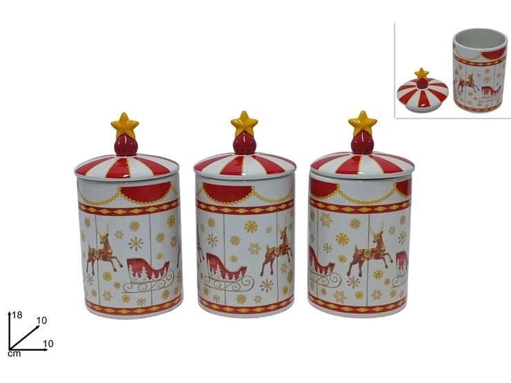Set 3 Barattoli da Cucina Natale in Ceramica Renna con Slitta 18 x 10 cm