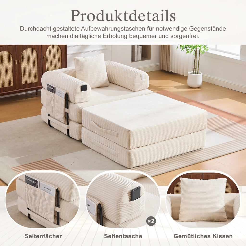 DIVANO modulare in corduroy 112x190x67 cm beige con pouf