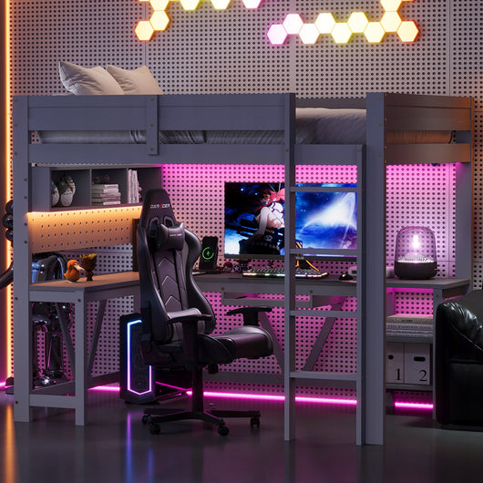 Letto gaming con scrivania LED - Xylo - 90x200 - Grigio