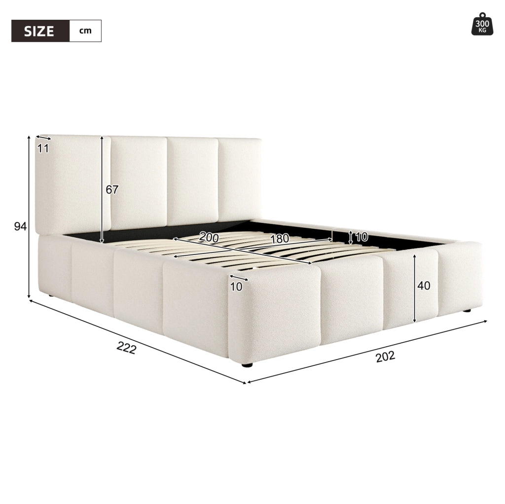 Letto matrimoniale imbottito 180x200 cm in tessuto bouclé beige con rete a doghe
