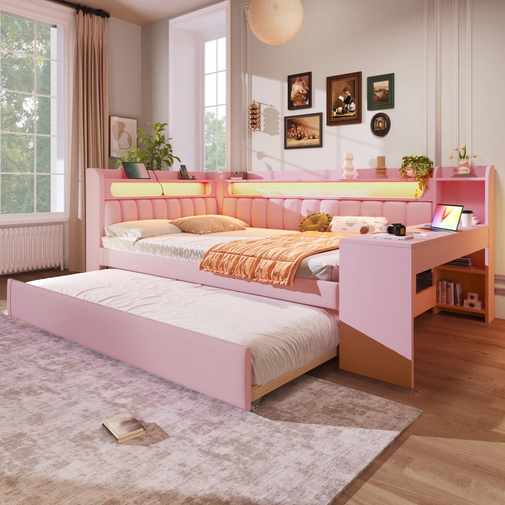 LETTO Giornaliero 140x200 cm Rosa con letto estraibile, USB, LED e scrittoio
