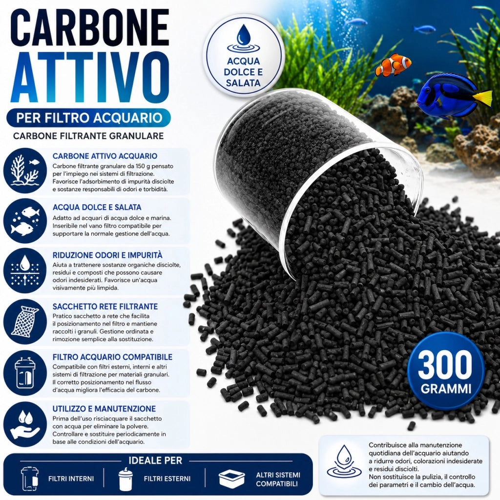 Carbone Attivo per Acquario Acqua Dolce e Salata Filtro 150g/300g/500g 300 g