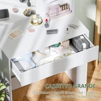 Tavolo da Trucco con Specchio, 3 Ripiani ad Angolo e Cassetto, in Legno e Vetro, 75x40x137 cm, Bianco