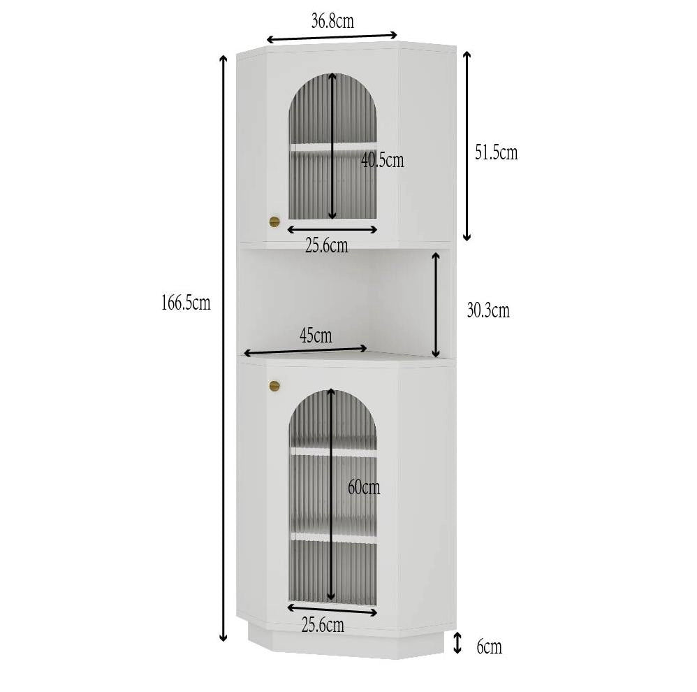 Armadietto ad angolo con luce interna e ripiani aperti in MDF bianco