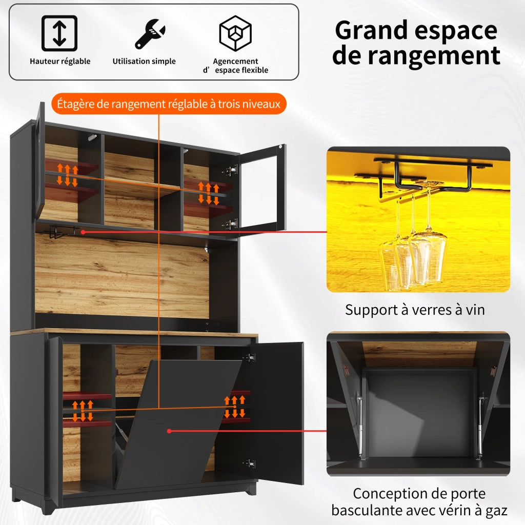 Credenza da Cucina Alta con Vani Aperti; Ante in Acrilico; LED e Vano Portarifiuti; Nero; 120 x 40 x 180 cm