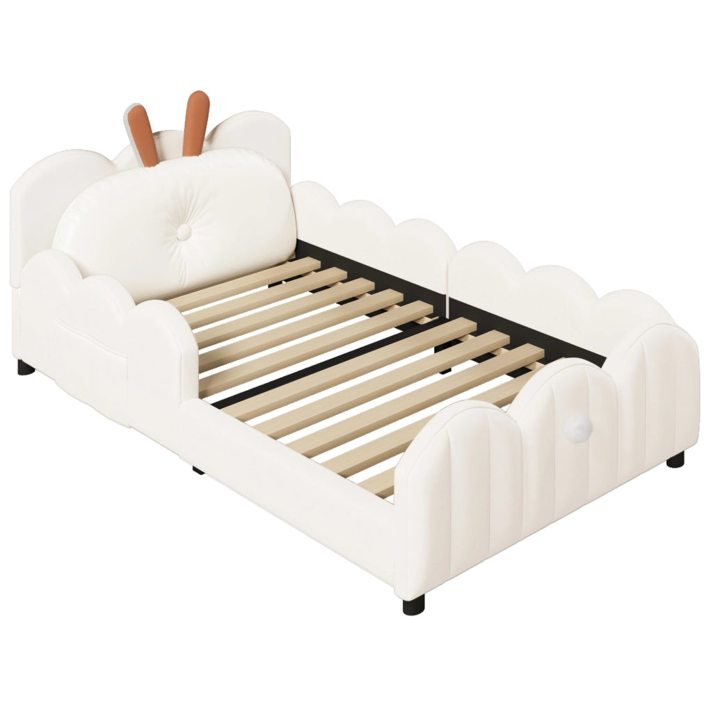 Letto a piattaforma imbottito 90x200 cm beige con testiera a forma di coniglietto e sponde protettive