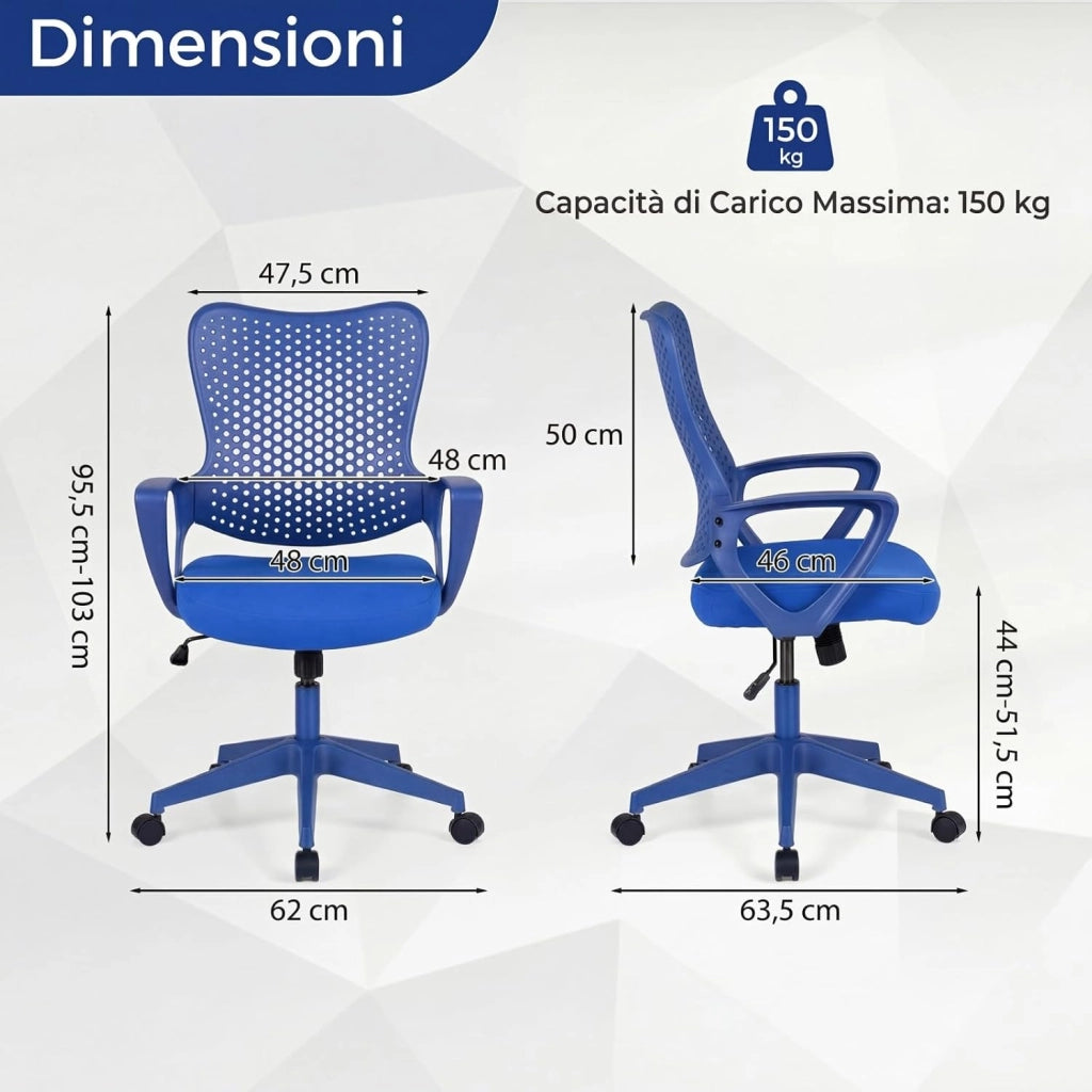 Sedia da Ufficio Ergonomica, con Schienale Reclinabile, Regolabile in Altezza, Sedia Scrivania con Seduta Girevole 360°e Ruote per Ufficio, Studio e Soggiorno, Portata 150 kg (Blu)