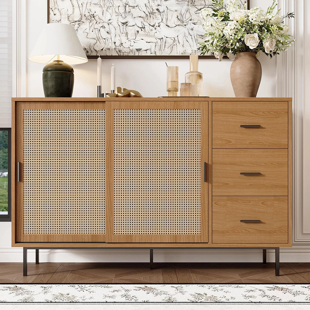 Credenza rustica 2 ante scorrevoli - Xylo - 3 cassetti, ripiani regolabili, per soggiorno, 140x91x37 cm