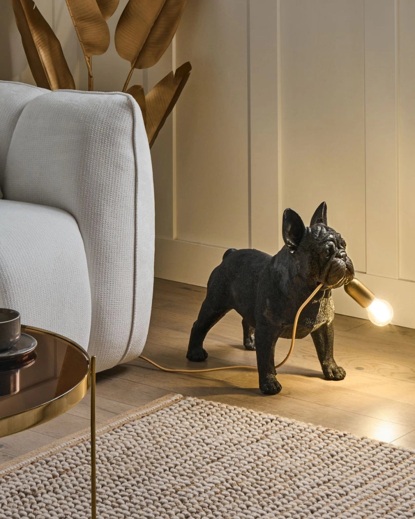 Lampada da tavolo in poliresina nera a tema animale Luce da comodino Lampada da lettura a forma di cane Soggiorno Camera da letto Stile Glam