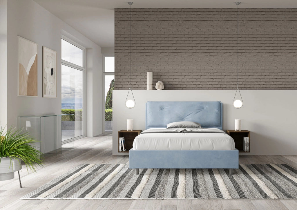 BS COM Letto matrimoniale francese con rete imbottito 140x210 microfibra azzurro Large