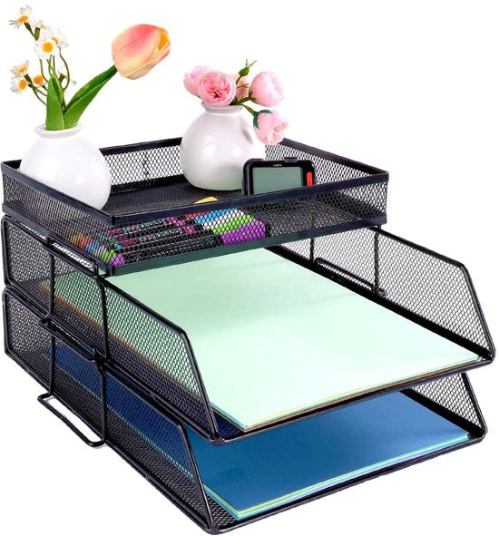 Carrello per ufficio 2 livelli, organizzatore da tavolo stivellabile con cassetta superiore per carta da lettere, contenitori per documenti cartacei per ufficio, scuola e casa, nero