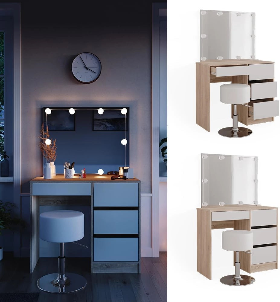 Tavolo da toeletta Sherry, Sonoma, 90 cm con illuminazione a LED e sgabello, con illuminazione a LED e panca imbottita