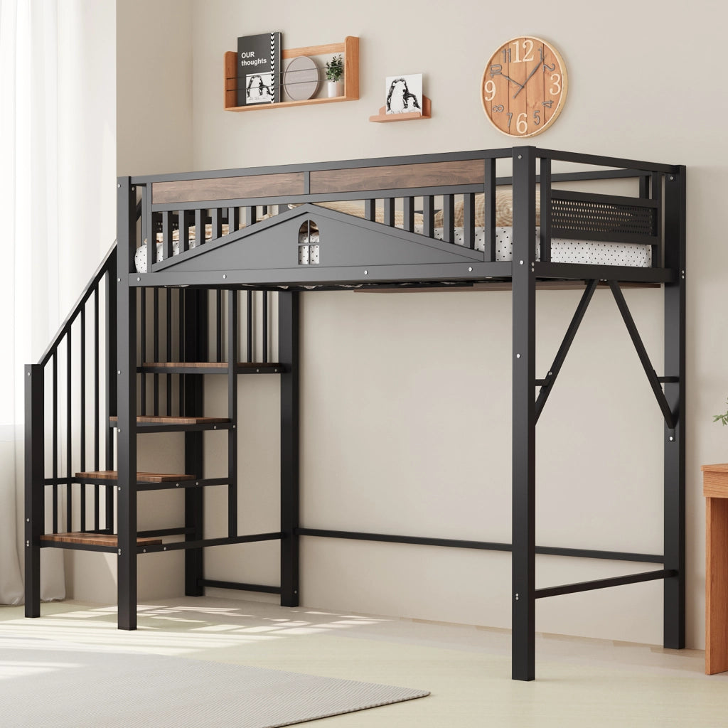 Letto a castello metallo e legno nero 90x200 cm con ringhiera