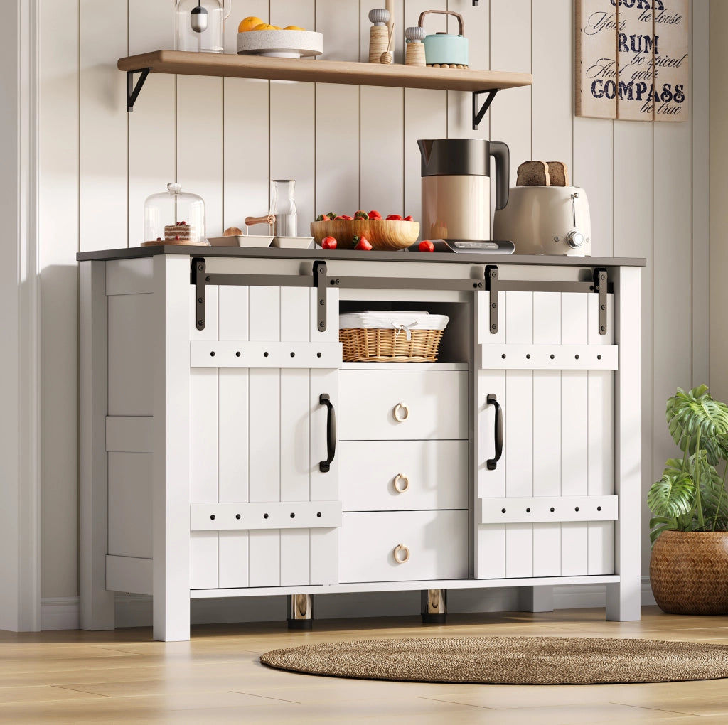 Credenza moderna 120 cm bianca con ante scorrevoli e 3 cassetti