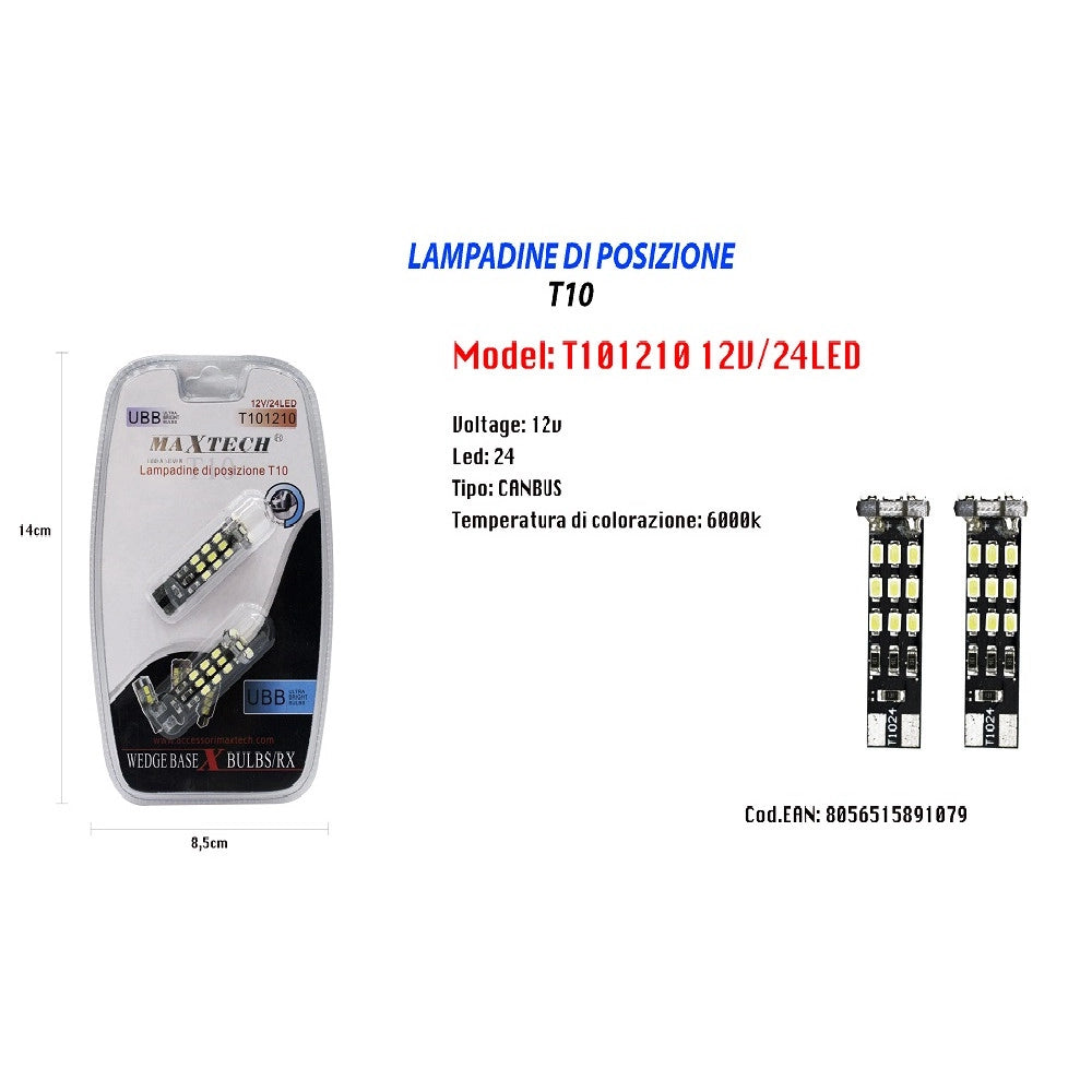 Trade Shop - Lampadine Di Posizione T10 Lampadine Ultra Luminose Maxtech T101210 12v 24led -