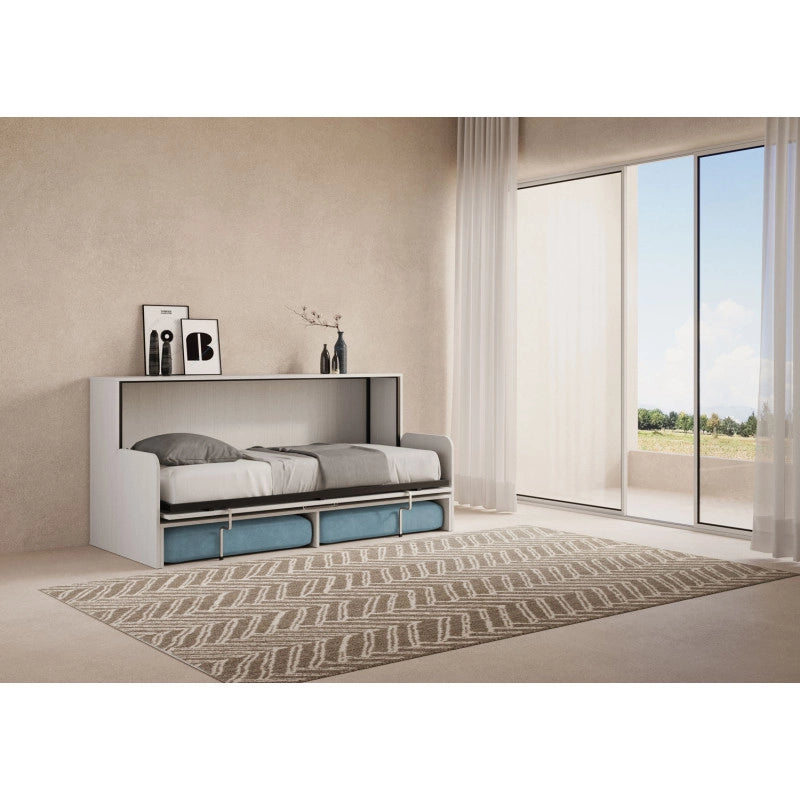 Letto singolo a scomparsa Kando con divano , azzurro - Bianco Frassino